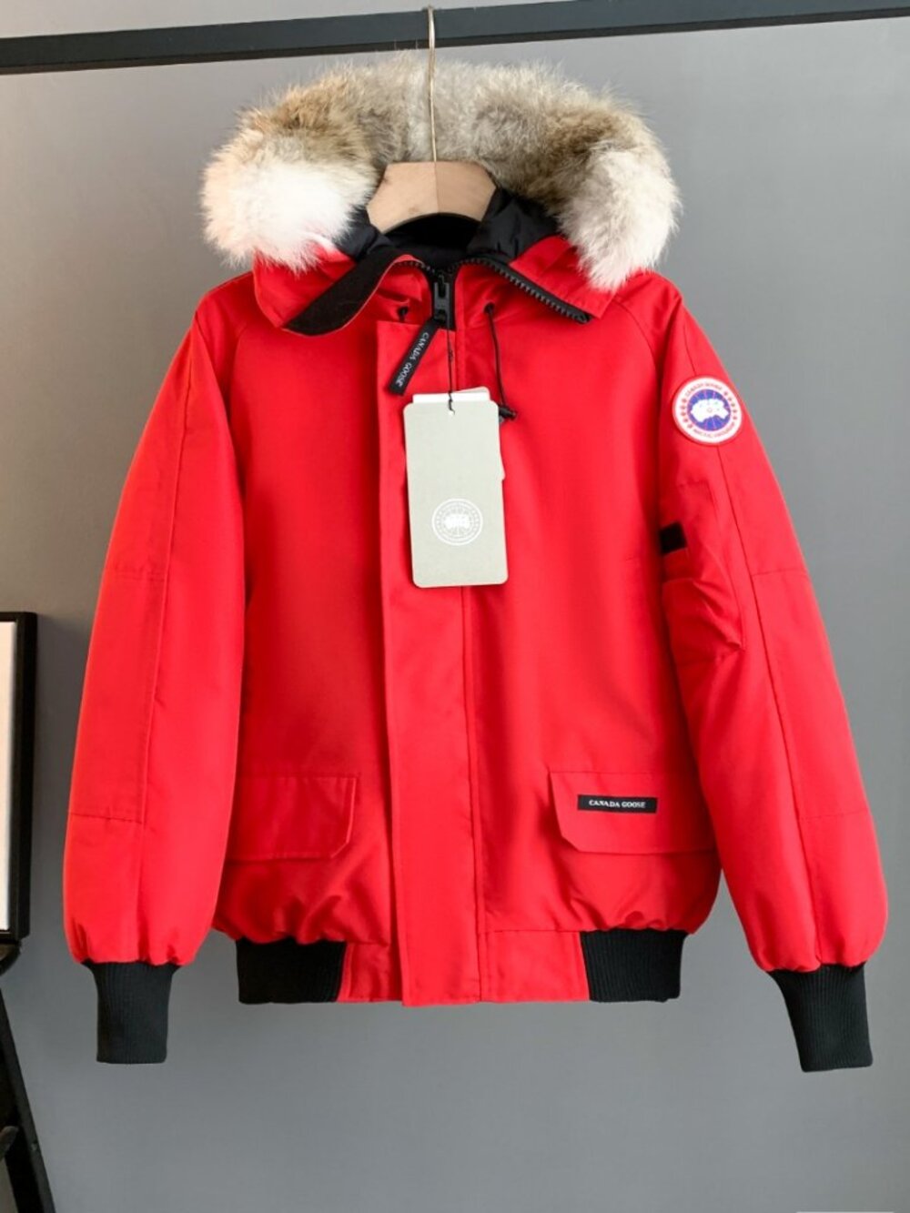 Canada Goose Chilliwack Bomber Red Down Jacket Natural Coyote Fur Trim Hood